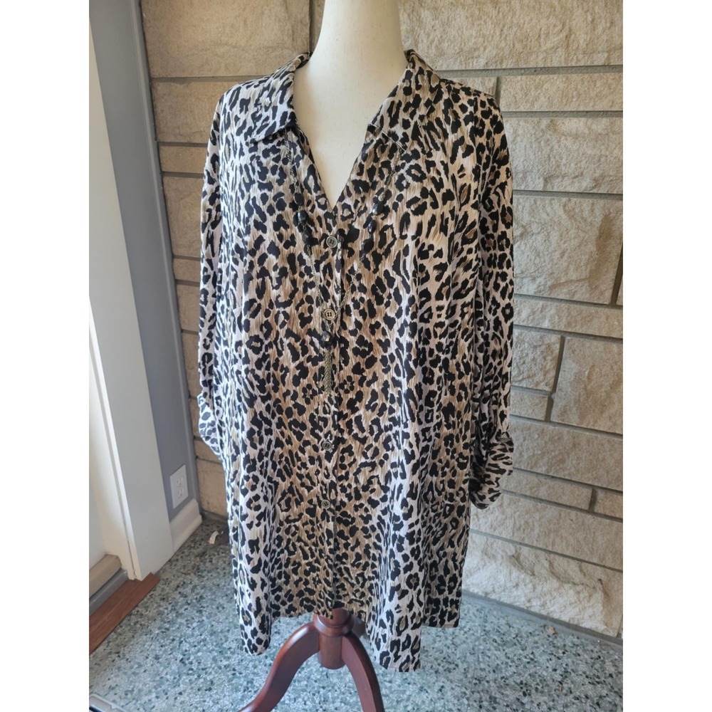 Maggie Barnes 5X Leopard Print Button Down Long Sleeve Tunic Top 34/36W